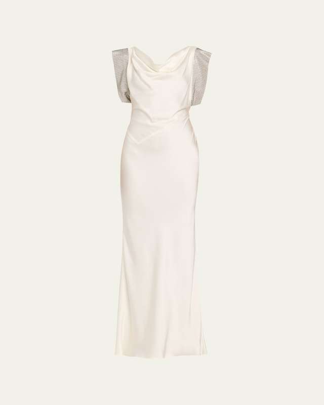 Strass Cap-Sleeve Twisted Satin Gown